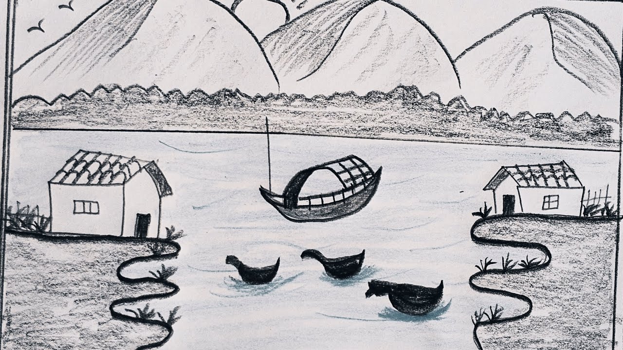 Village house river side drawing ideas 