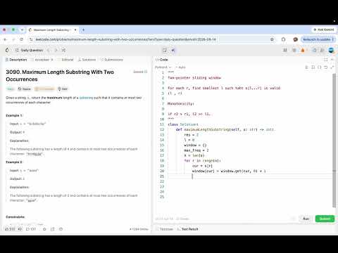 leetcode 3090  Maximum Length Substring With Two Occurrences | two pointer sliding window