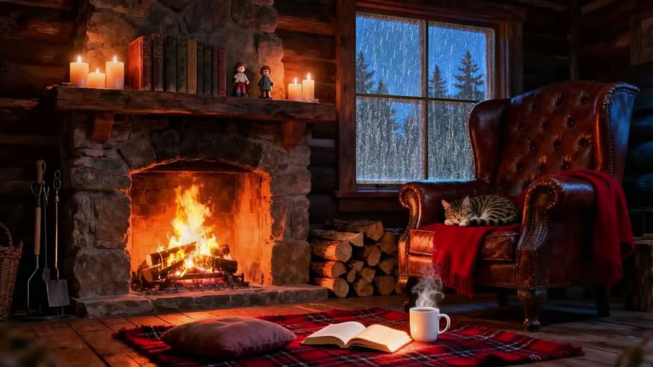Cozy Cabin Ambience - Rain and Fireplace Sounds for Deep Rest