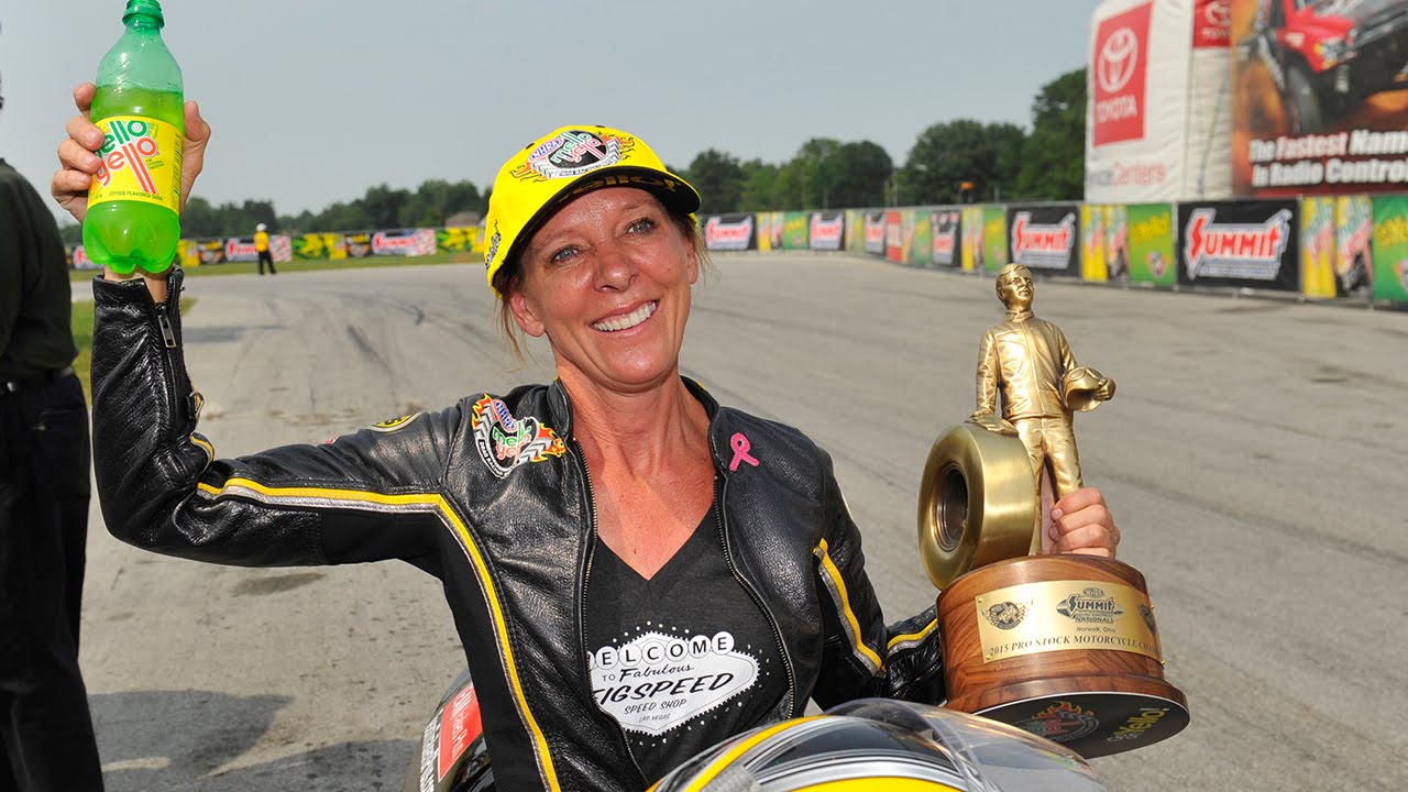 ...Karen Stoffer defeated Angelle Sampey to take the Pro Stock Motorcycle w...