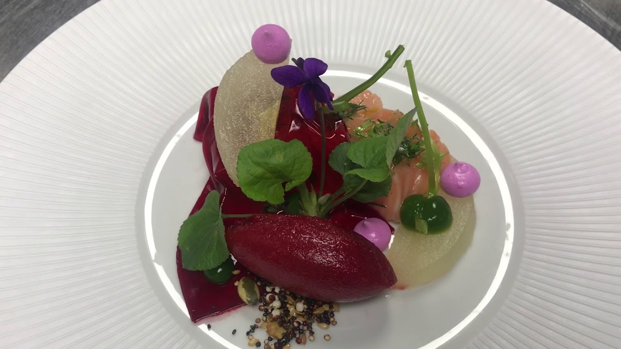 Kerth gumbs home cured smoke salmon, beetroot sorbet
