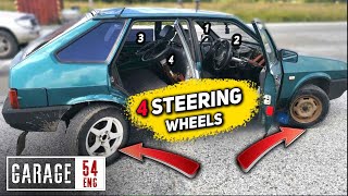 Driving a car with one steering wheel for each wheel