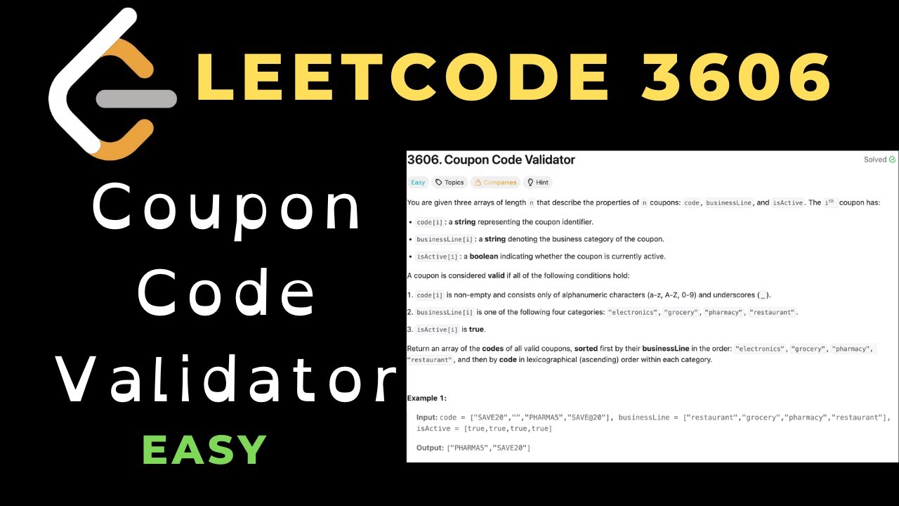Coupon Code Validator | Leetcode 3606 | Video Solution | C++ - YouTube