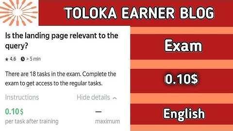 Is the landing page relevant to the query? | Exam | 0.10$ Per Task  | #Toloka