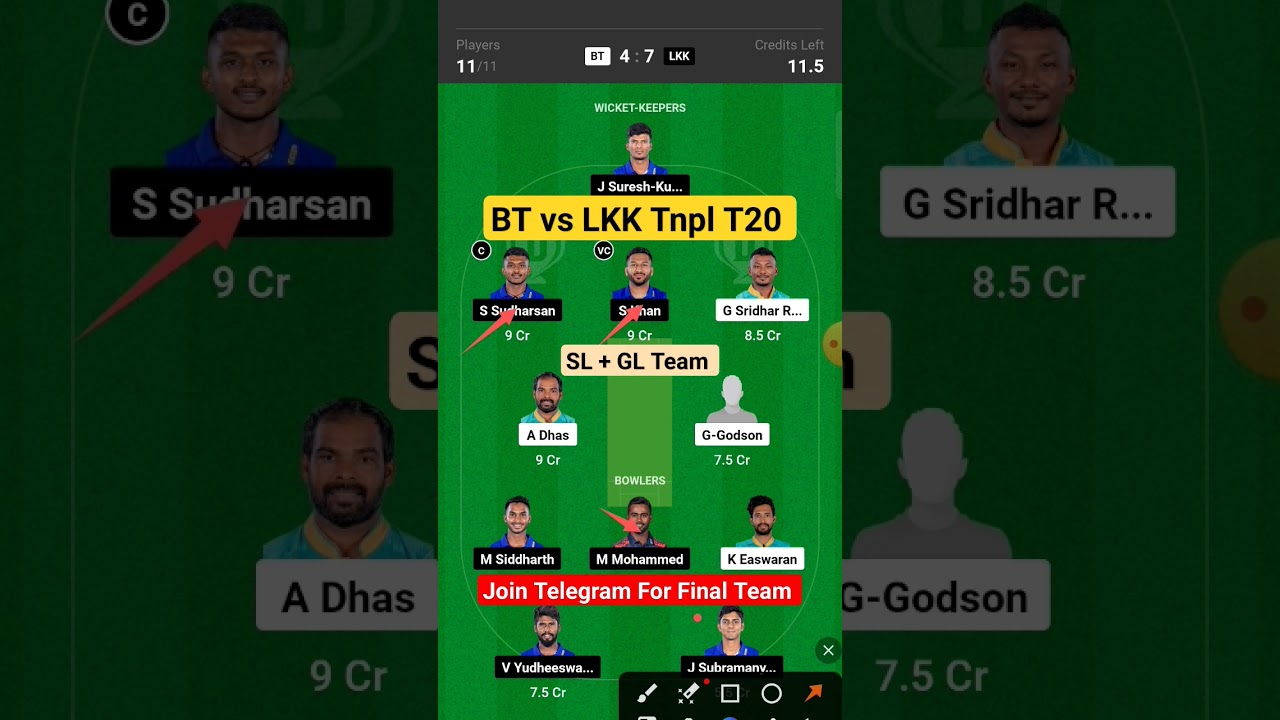 bt vs lkk dream11 prediction, bt vs lkk dream11 team, bt vs lkk tnpl t20 dream11 team of today match