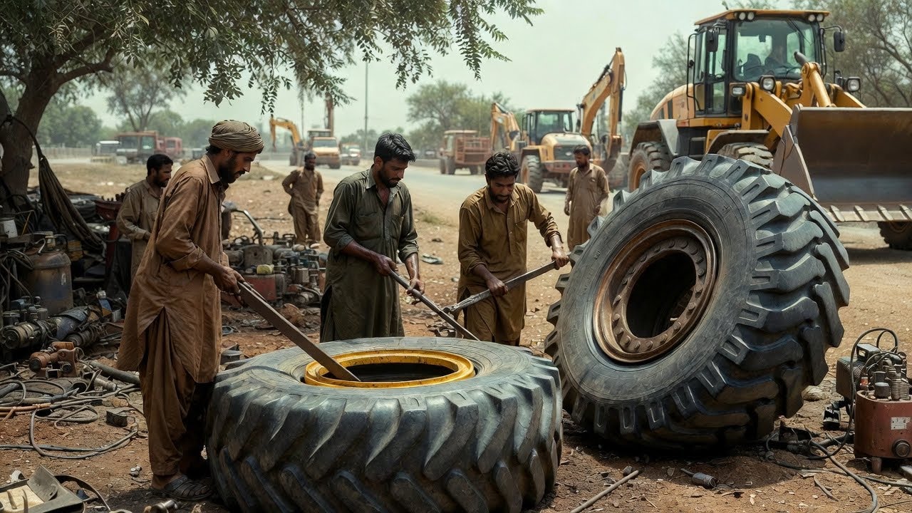 Unbelievable Work! Changing Big Caterpillar Loader Tires Without Any Power Tools