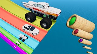 Big & Small Monster Trucks Jumping Through Giant Portal & Slide Color Jumps and Crashes - BeamNG #34