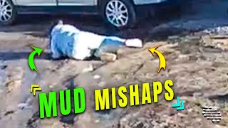 Lady Carefully Trying to Avoid the Mud but Falls