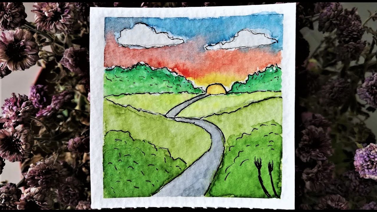 Watercolor Painting - Sunset Road Scene