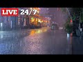 Night storm rain at bustling restaurant  heavy rain  strong winds with thunder sounds for sleeping