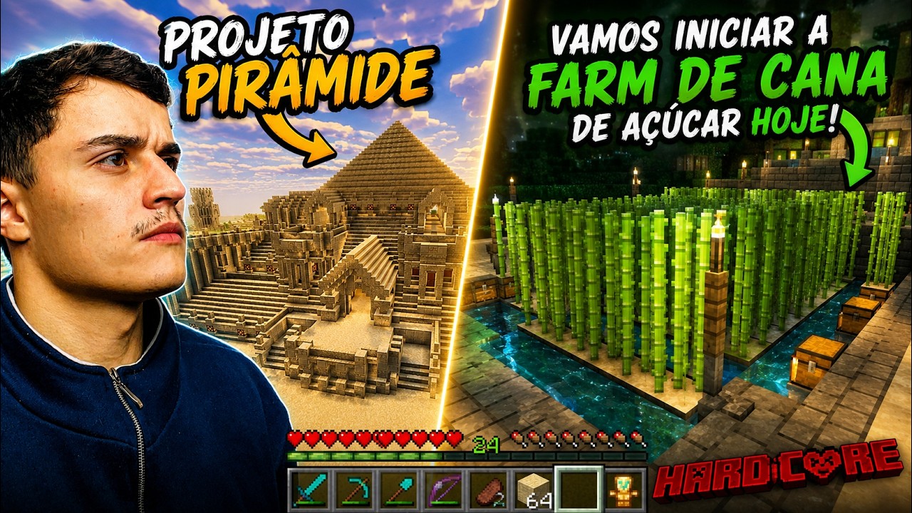 🔴MINECRAFT LIVE - HARDCORE NO DESERTO -  FINALIZANDO PIRÂMIDE + FARM DE CANA!!