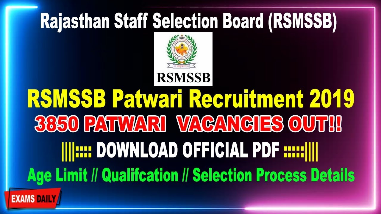 RSMSSB Patwari vacancy 2019|| RSMSSB Patwari 2019 Jobs || Patwari recruitment 2019
