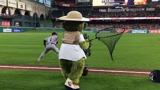 Astros mascot orbit spies on jose iglesias prior to the game, but is
caught by j.d. martinez who stifles his attempts check out
http://m.mlb.com/video for ou...