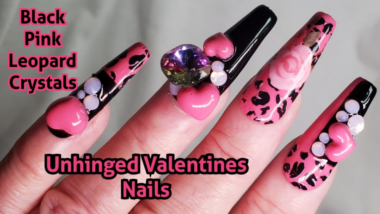 Unhinged Valentine Nail Art | Pink & Black Leopard Crystal Nails