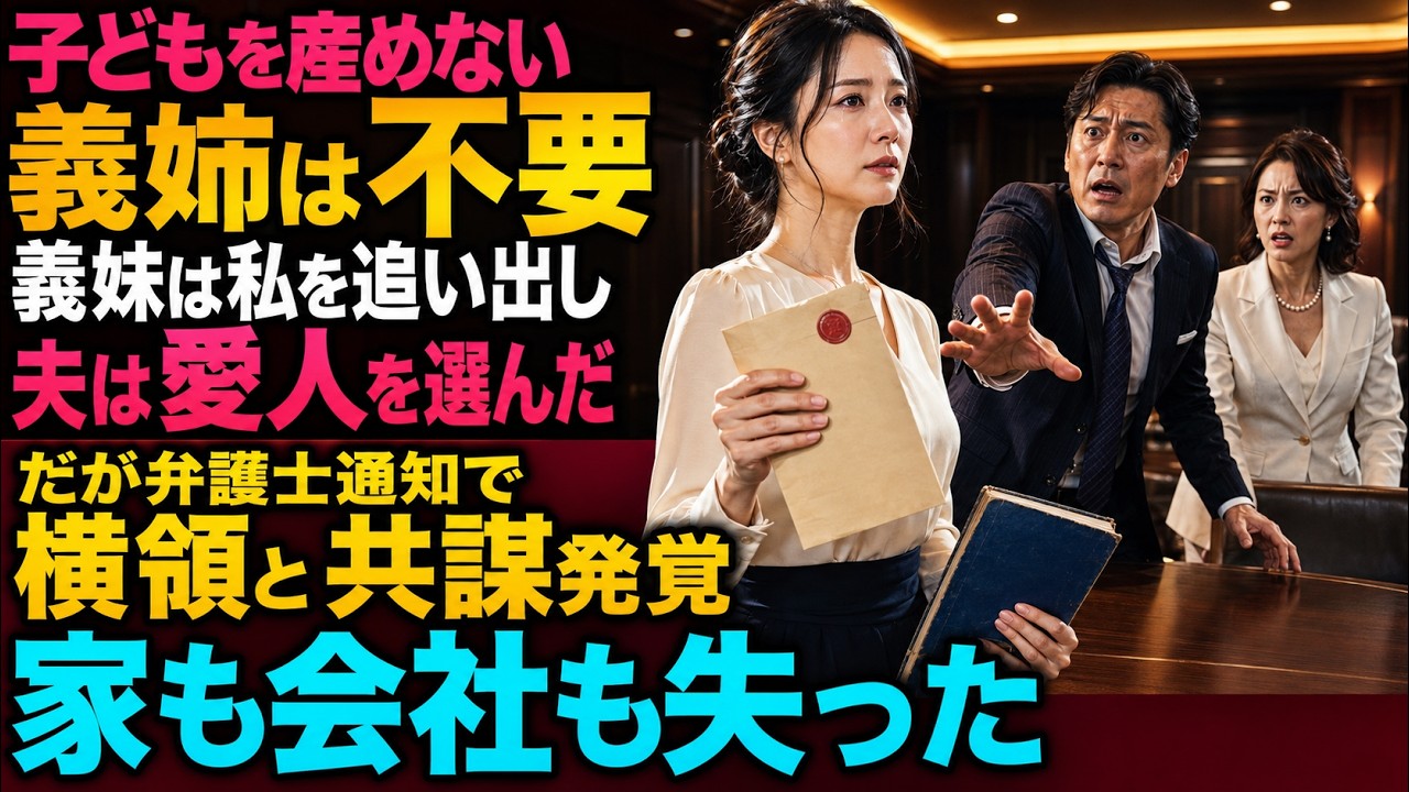 鍵がコンクリートの床に落ちた。金属が跳ねる音が、十八年間住んだ家の終わりを告げた。義姉の美香は、夫の剛に肩を抱かれた若い女を見もせず、私に言った。「子供を産めない義姉に、家も会社も必要ないでしょう」。私は四十三歳、食品会社の社長夫人だった。正確には社長夫人という肩書きの裏で、十八年間会社を支えてきた。子供がいないことを、私はずっと自分の欠点だと思って生きてきた。義父が見込んでくれた私の仕事も...