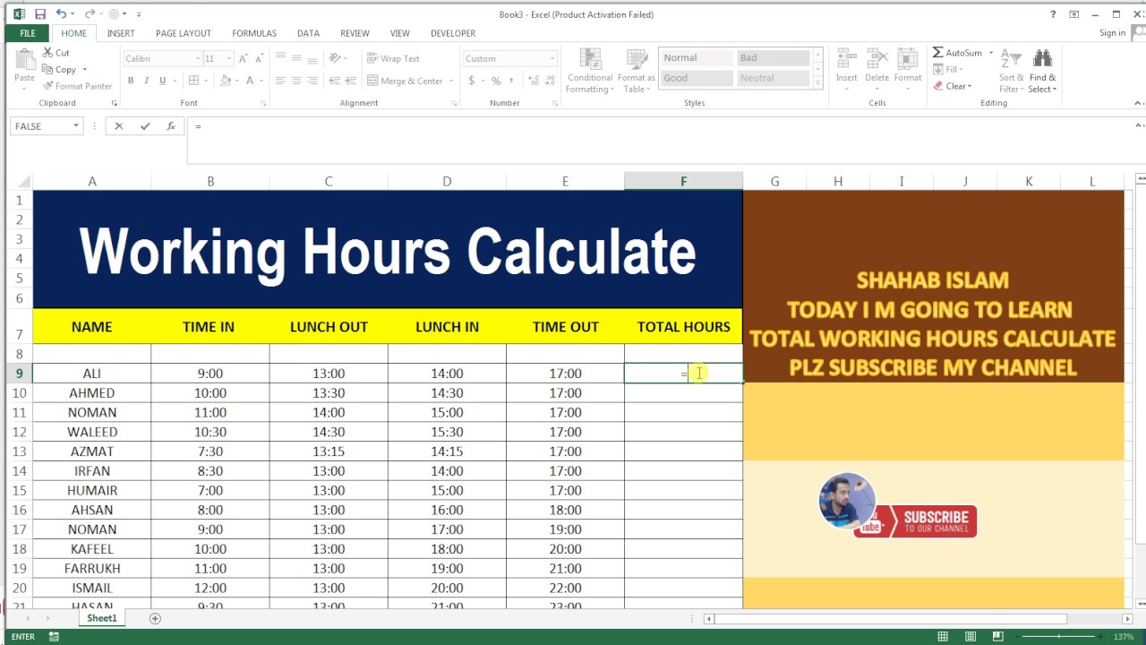 Working Hours Calculator Excel Template