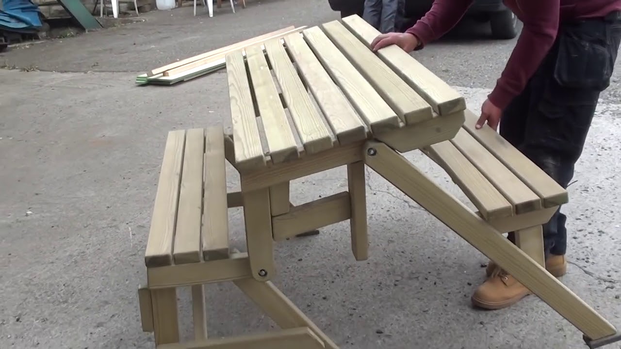 Folding picnic table to bench plans - YouTube