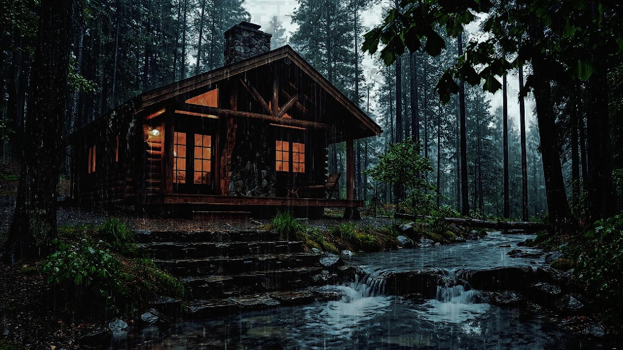 24/7 Live Rainy Night in a Forest Cabin 🌧️| Relaxing Rain & River Flowinf Sounds for Sleep