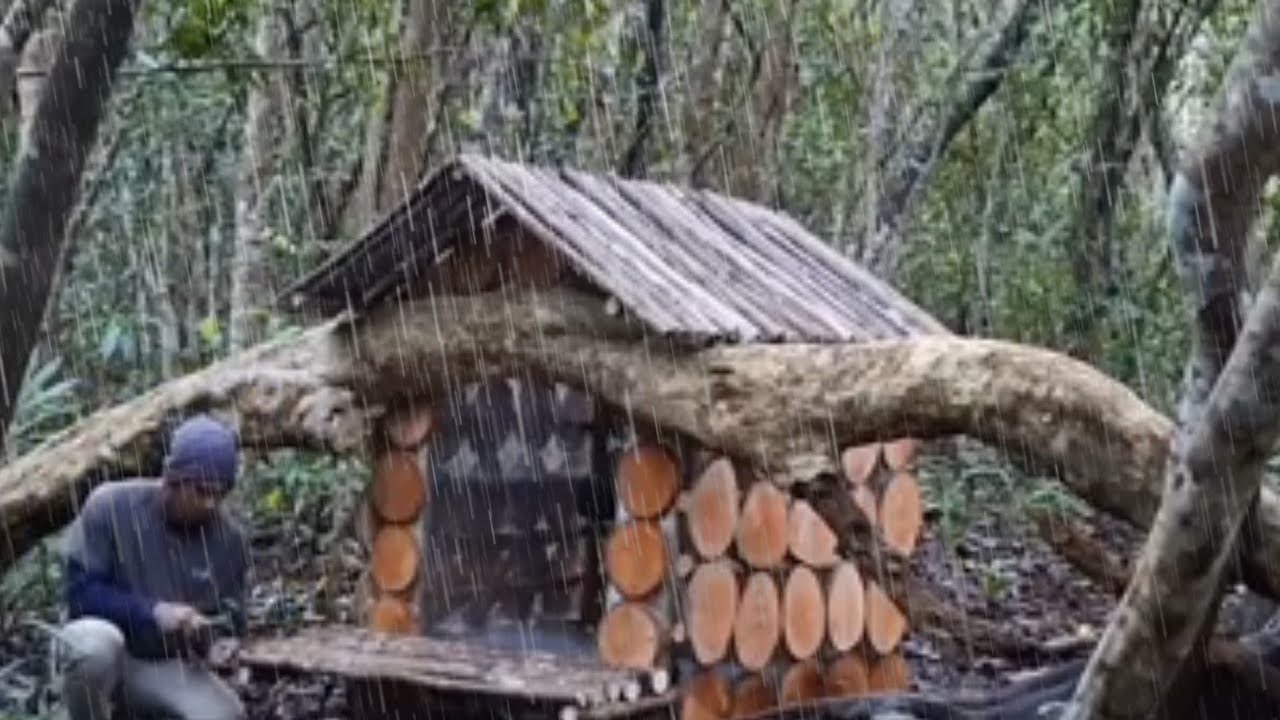 Building Wood Survival Shelter In Heavy Rain - YouTube