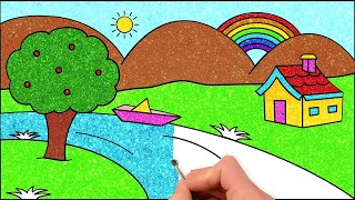 How to Draw Simple Scenery Landscape Picture | Glitter Painting for Kids | HooplaKidz How To