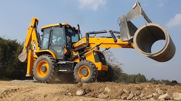 JCB Lifting Heavy Culvert Pipe and Installing in Drain - JCB Machine Working video