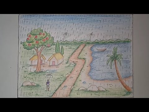 How to draw a scenery in the rainy season.. . Cara menggambar ...