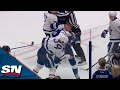 Morgan rielly drives brayden point into boards matthews and stamkos drop gloves as tempers erupt