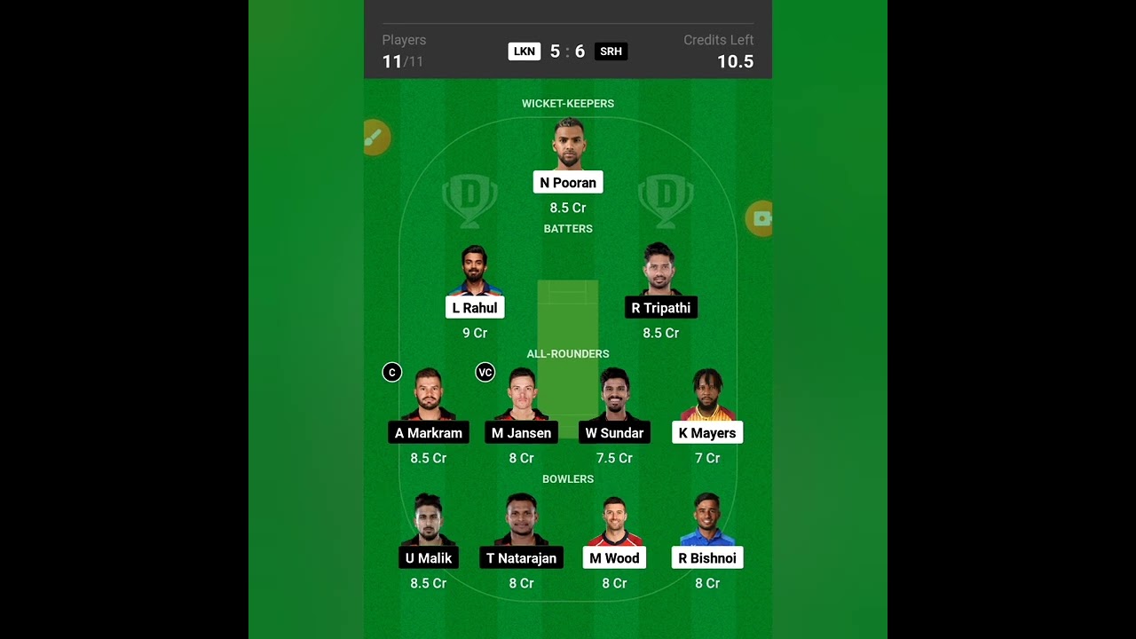 LSG vs SRH 10th T20 Match | Dream11 Demo Team 