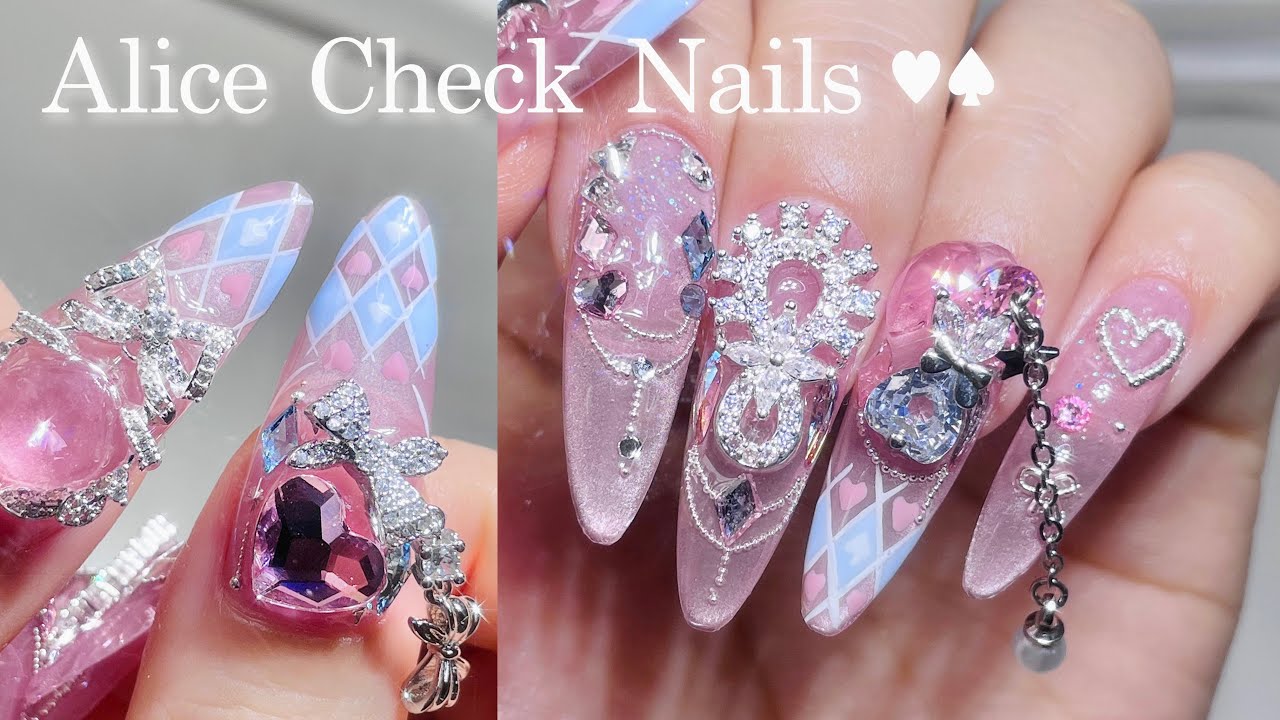 Милый маникюр в клетку Алисы⊹ * ˚💗 Легкое наращивание типсов и украшение камнями💎 Маникюр ASMR