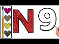 N رسم وتلوين  مع حرف  /  learn Alphabet N for kids / N for NINE