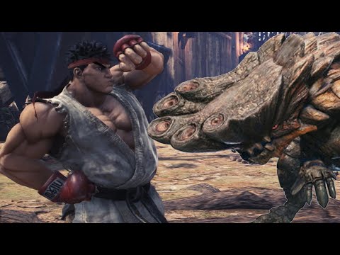 Street Fighter's Ryu Hunts a Giant Barroth in Monster Hunter World