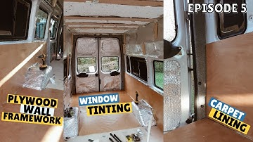Ep 5: Plywood Wall, Carpet Lining, Window Tinting & Woodstain / Ford Transit Minibus Conversion UK