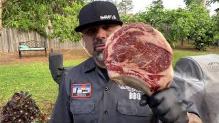 Snake river farms wagyu tomahawk smoked on my traeger grill pro 780
and reverse seared ranger. knife slicer from messermeister