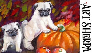 AUTUMN PUMPKIN AND PUGS BAQ  Beginners Learn to paint Acrylic Tutorial Step by Step