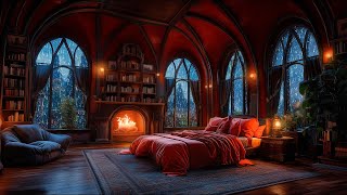 Cozy Ancient Castle Haven: Rain & Fireplace Thunderstorm Sounds for Instant Sleep