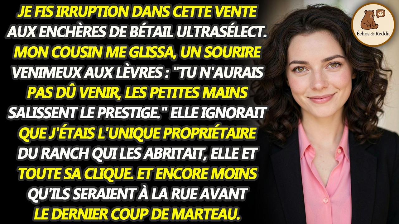 L’odeur du cuir et de l’argent emplit la salle des enchères, et la fiancée de mon cousin me bloque le passage. « L’entrée du personnel est par derrière, près des poubelles. » Dans mon propre...