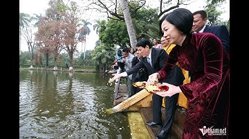 Chủ tịch nước và Phu nhân cùng kiều bào thả cá chép tiễn ông Công, ông Táo