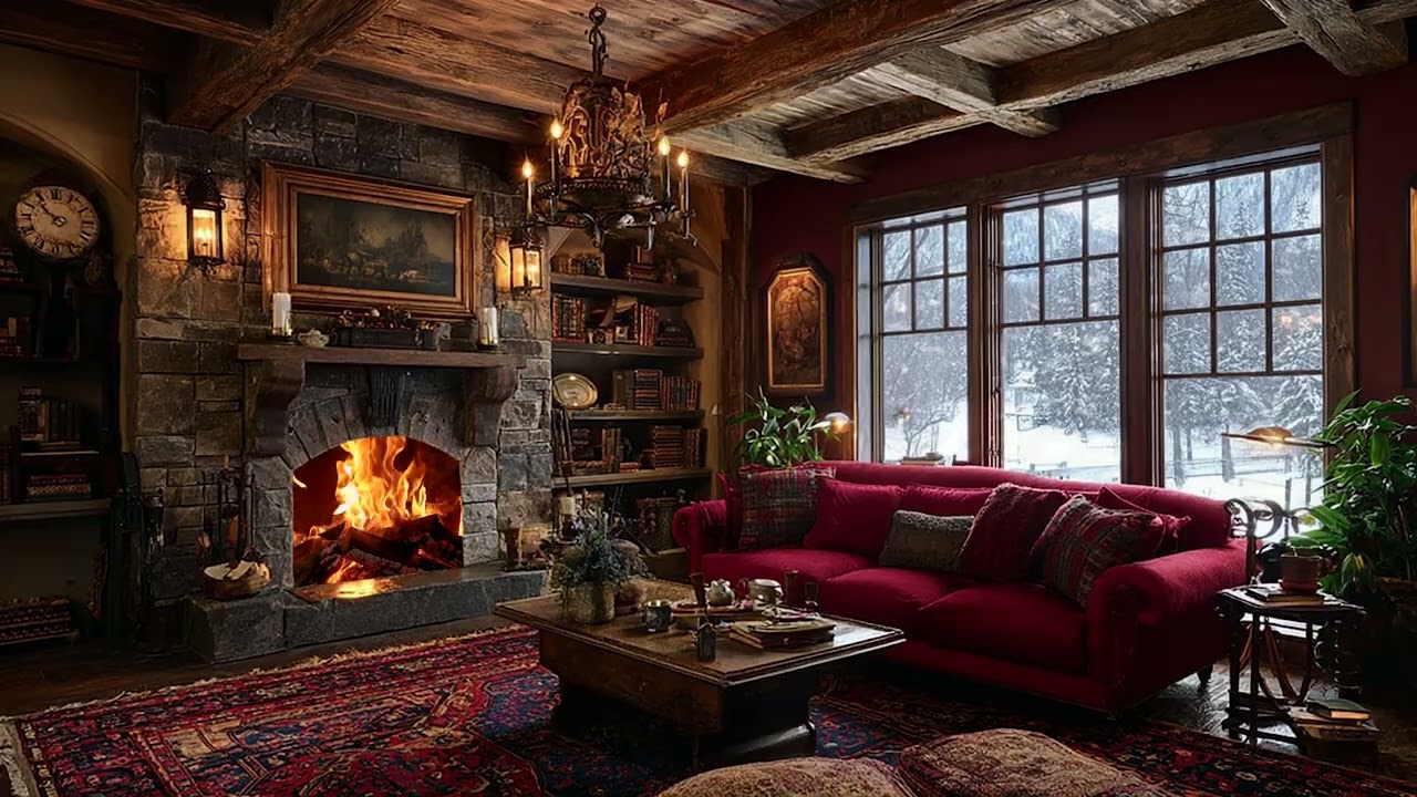 Winter Serenity ❄️ Warm Fireplace Glow While Snow Falls Outside Creating a Deeply Relaxing Space