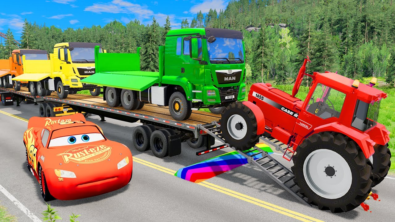 Flatbed Trailer McQueen Transportation with Truck - Speedbumps vs Cars vs Train #22 - BeamNG.Drive