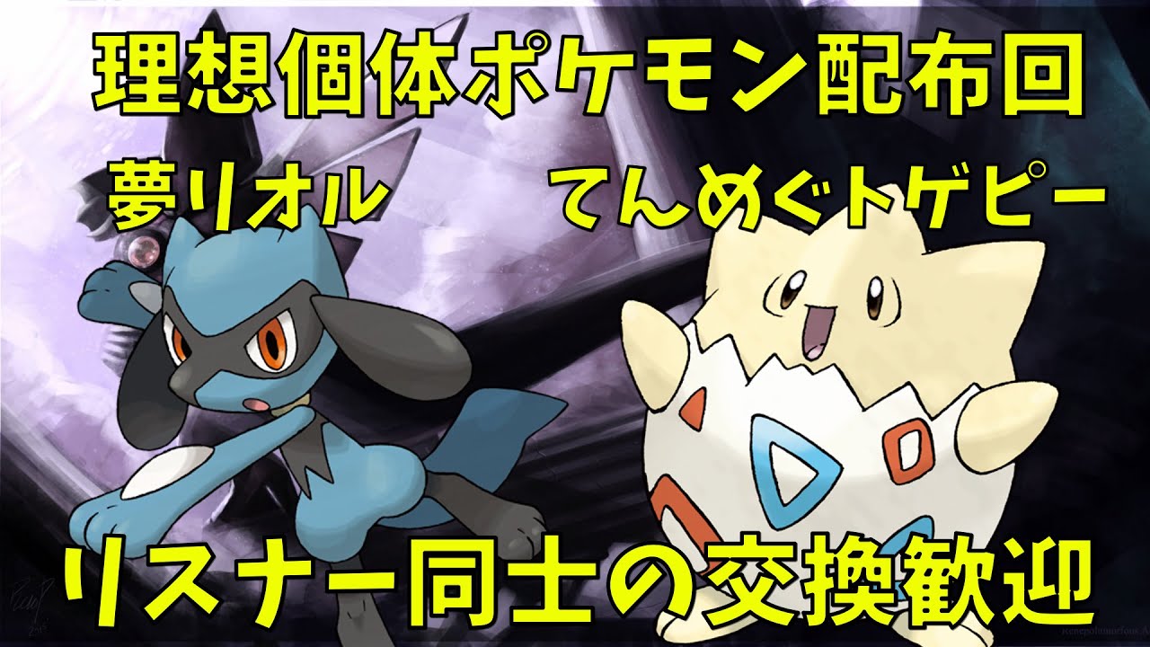 初見歓迎 理想個体配布回 運がいいと６vも 夢リオル トゲピー リスナー同士の交換歓迎 ポケモン配布 Youtube