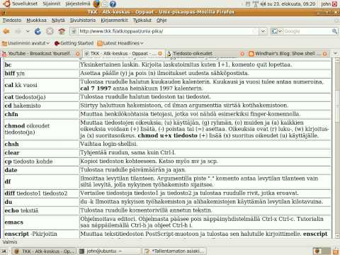 pääte - Ubuntu - ls, chmod, less, clear, cp, cd, date, df, diff, du, echo, emacs - opastusvideo 3