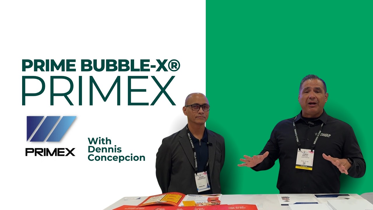 Dennis Concepcion of Primex and James Bailey of Laird Plastics discuss Bubble-X polypropylene board at PRINTING United Expo 2026