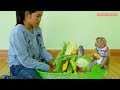 Baby Monkey Kako Eats Fresh Vegetables And Healthy Fruits For Breakfast