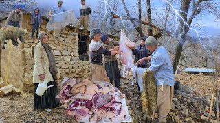 ⛈️Nomadic life and fighting the rain❄️🥩; Nomadic slaughtering and butchering sheep in heavy rain🌧️🐑