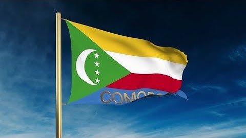 4K Comoros flag slider style with title. Waving in the wind with cloud background animation Stock