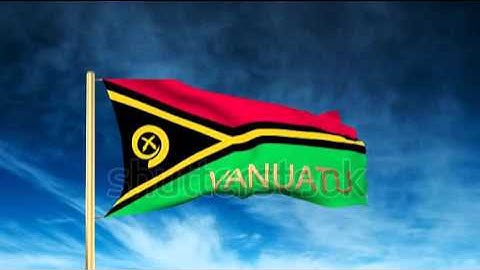 Vanuatu flag slider style with title. Waving in the wind with cloud background animation Stock