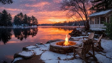 Snowfall by the Lakeside | Warm Fire Ambience and Wind Sounds for Relaxation