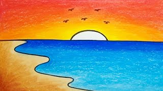 How To Draw A Sea Scenery Easy With Crayons |Drawing Scenery Easy