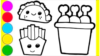 🍟🍗🌮Tasty French fries, Taco and Chicken Coloring for kids |Fun kids coloring| Easy doodling|