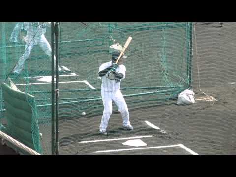 バッティング練習をする原大輝選手（#115）。オリックスキャンプ2015
